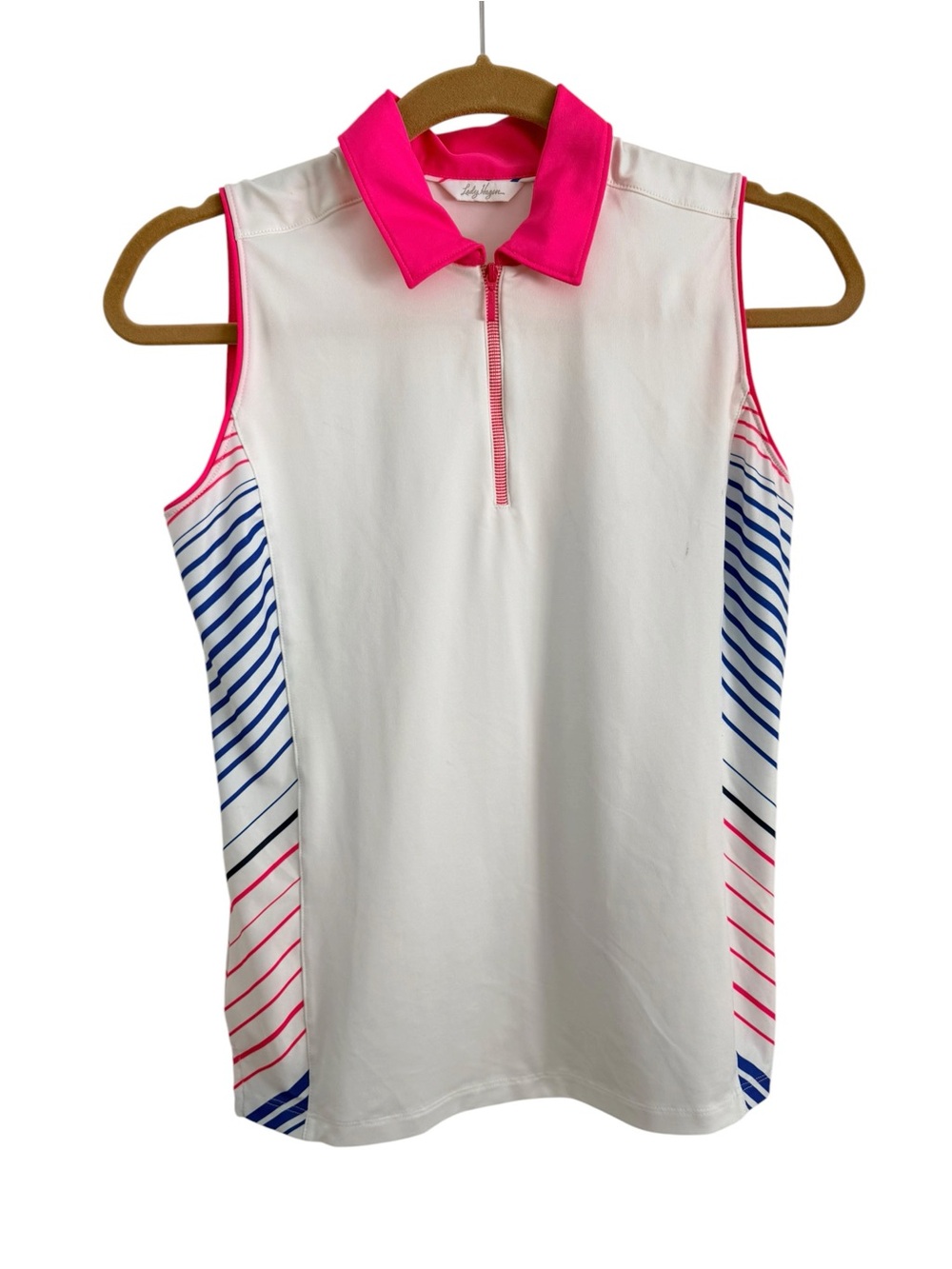 Lady Hagan Sleeveless White Polo Top with Pink Collar Size XS